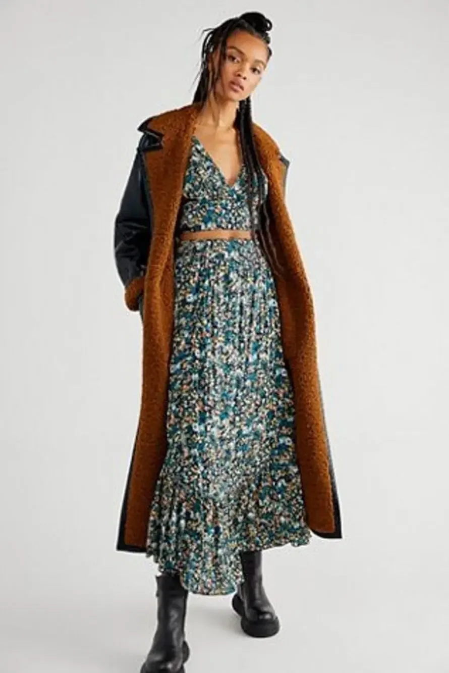 New Free People Pretty Dayz Midi Skirt Set $128 X-SMALL Blue Boho Floral Smocked